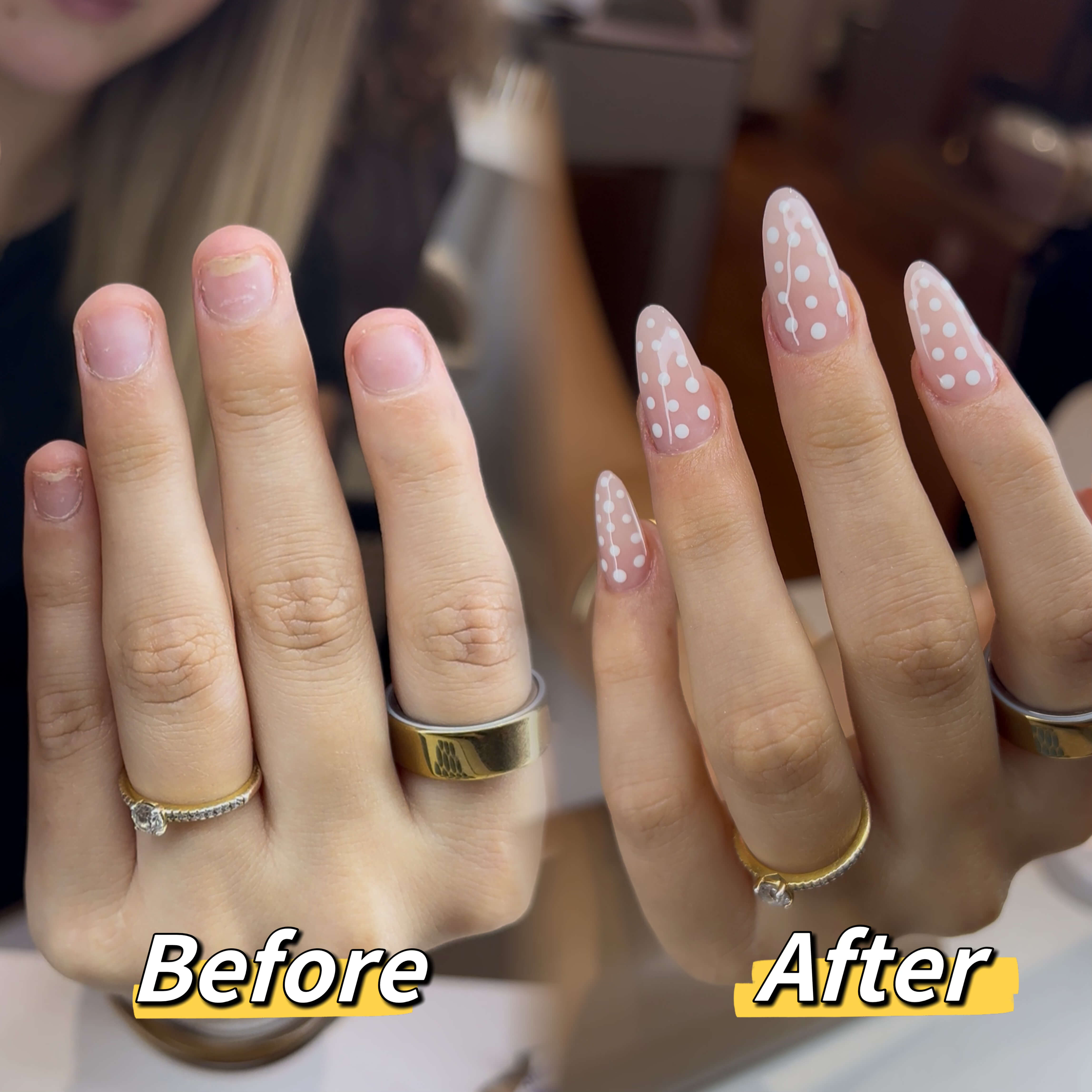 Before and after comparison of manicure with polka dot nail designs.